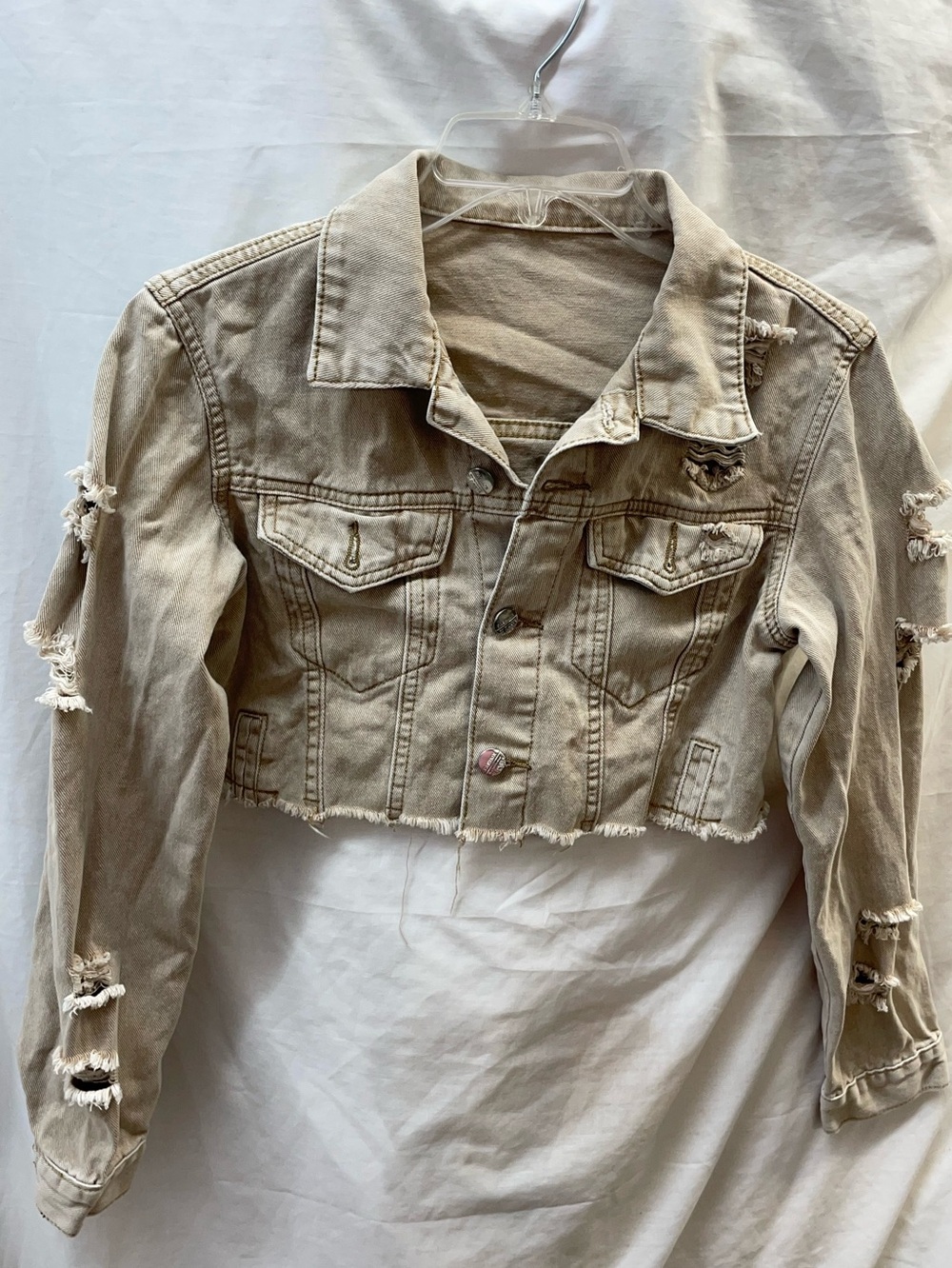 SHEIN Cropped Distressed Beige Denim Jacket - Women sz 4